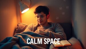 Autistic adult in cozy corner soft lighting weighted blanket noise canceling headphones