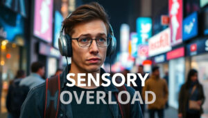 Autistic adult wearing headphones walking through crowded city street overwhelmed expression