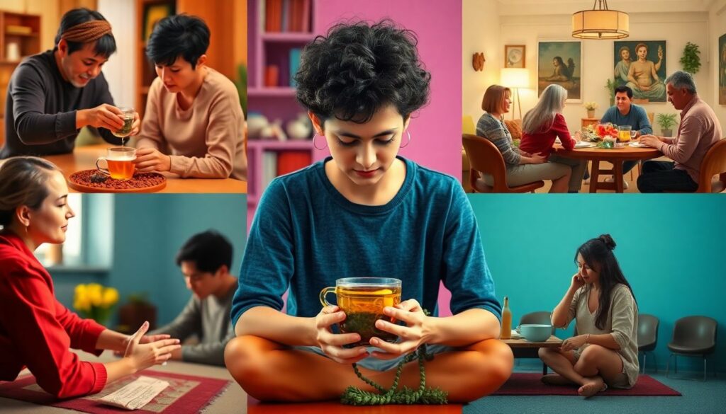 Diverse autistic adults self care collage vibrant colors centered composition herbal tea