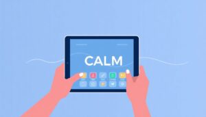 Minimalist illustration of hands holding tablet colorful meditation and scheduling icons soft