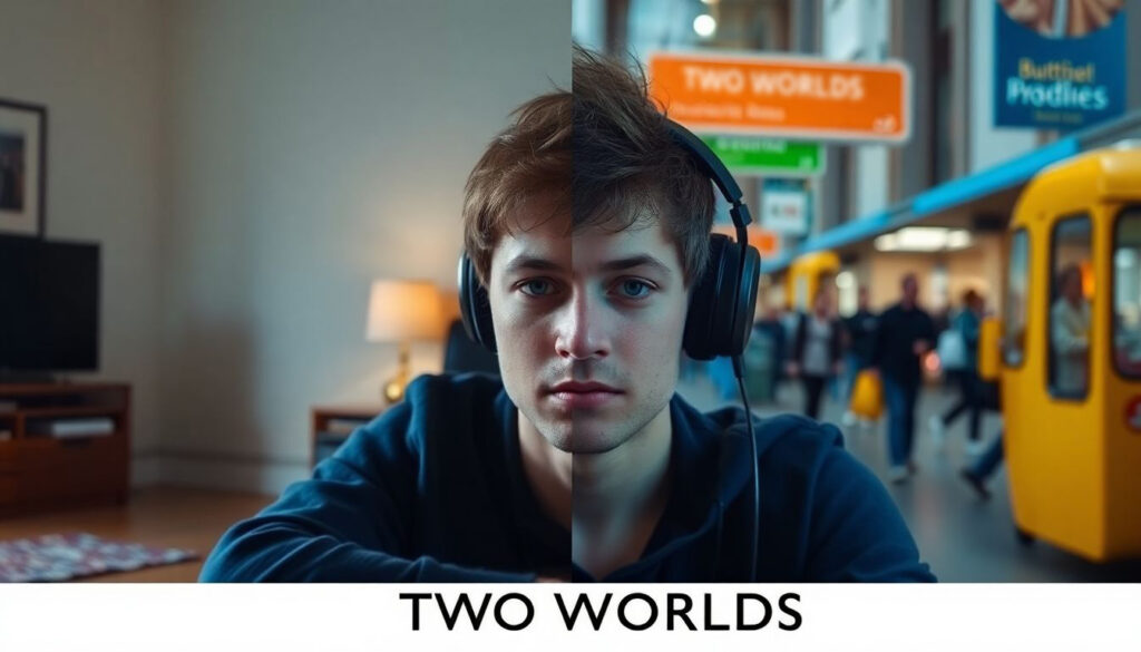 Split screen calm autistic adult in quiet room vs busy street scene contrasting colors