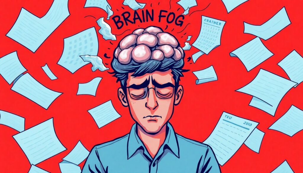 Stressed individual surrounded by swirling papers and fading calendar pages foggy brain above head