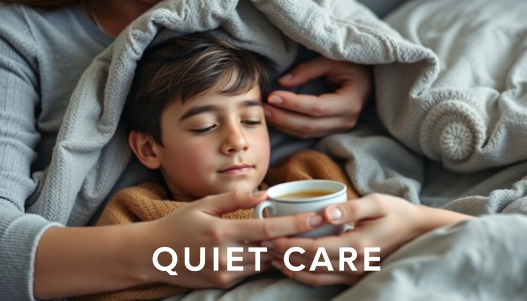 Autistic adult under weighted blanket loved one offering tea soft lighting calming colors