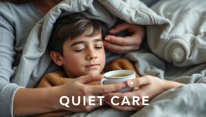 Autistic adult under weighted blanket loved one offering tea soft lighting calming colors