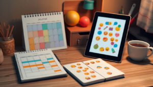 Calming desk scene color coded calendar soft journal with emoji stickers tablet with sensory app