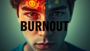 Close up of autistic individual s face half covered in anxiety inducing symbols half serene with