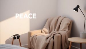 Serene bedroom corner with weighted blanket draped over chair noise canceling headphones on side