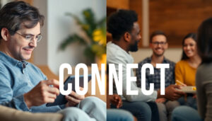 Split screen comparison autistic adult using tablet in cozy environment vs. smiling in quiet