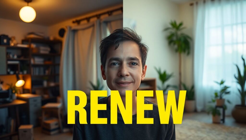 Split screen transformation autistic adult in dimly lit cluttered room transitioning to peaceful