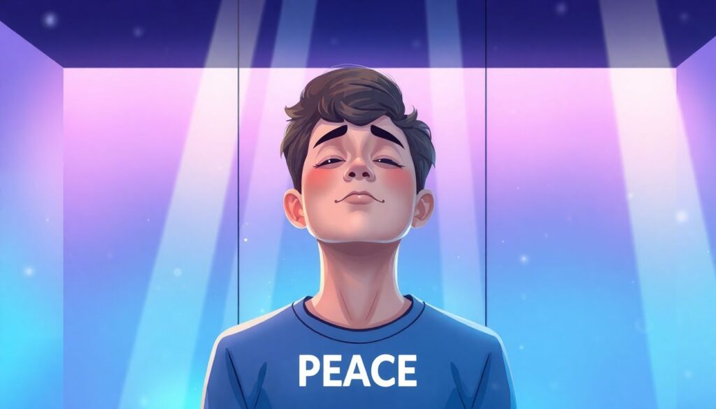 Triptych illustration autistic adult in sensory retreat room relieved expression calming blue and