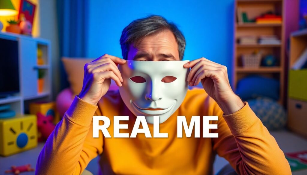 Autistic adult person removing white theatrical mask with gentle hands sitting in cozy sensory room