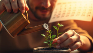 Determined adult person carefully watering tiny green seedling with wooden watering can gentle