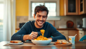Happy autistic adult sitting at cozy kitchen table eating pasta with gentle smile warm lighting