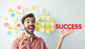 Person with excited facial expression reaching toward floating sticky notes transforming from