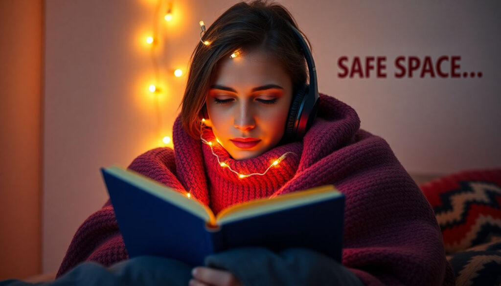 Person with shy contemplative face wrapped in textured weighted blanket soft glowing fairy