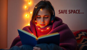 Person with shy contemplative face wrapped in textured weighted blanket soft glowing fairy