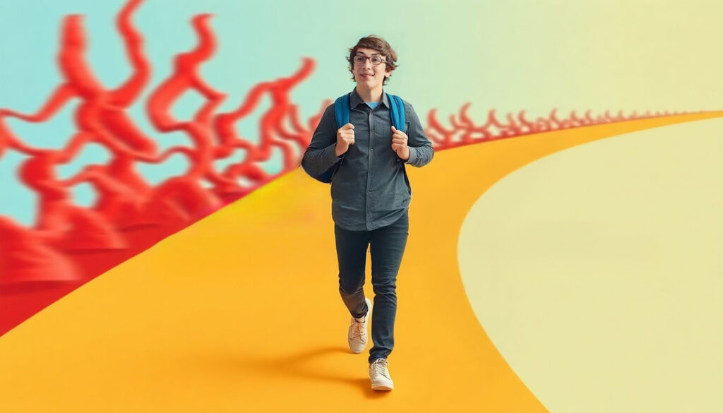 Professional autistic adult walking confidently on smooth golden path carrying blue backpack