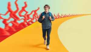 Professional autistic adult walking confidently on smooth golden path carrying blue backpack